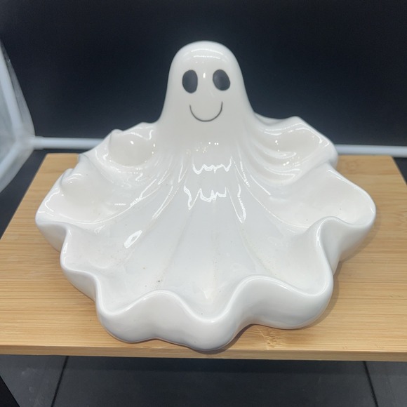 Other - Vintage Ceramic Halloween Ghost Candy Trinket Dish Smiling White 8" Boo Party